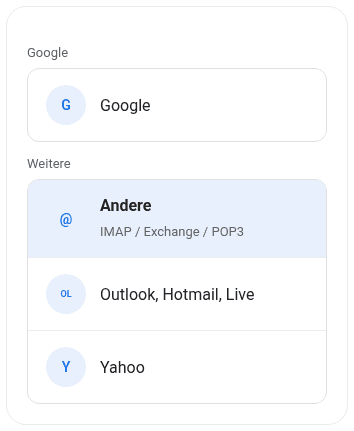 Gmail: Konto hinzufügen, Andere IMAP / Exchange / POP3