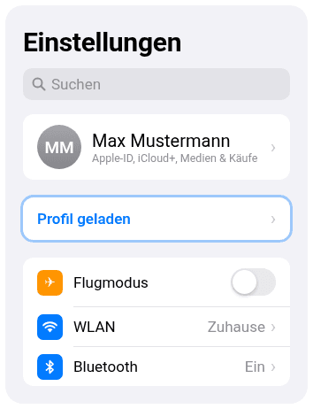 iOS-Einstellungen: Profil geladen oben in der Liste hervorgehoben