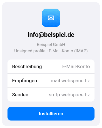 iOS: Profil prüfen mit IMAP mail.webspace.bz und SMTP smtp.webspace.bz